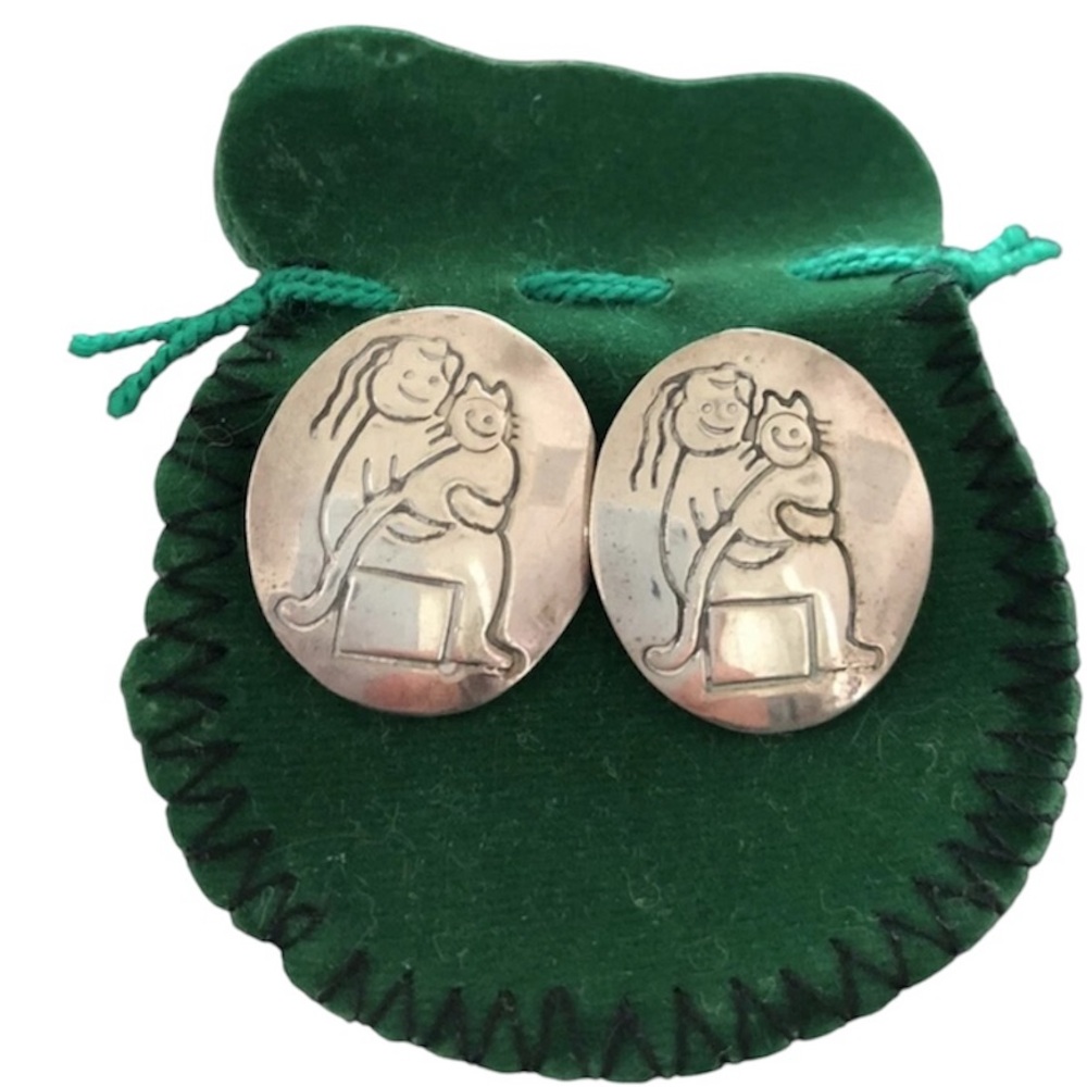 NEW 925 Silver 2-oz Artisan Girl Kitty Pet Cat Meow Circle Pierced Earrings
